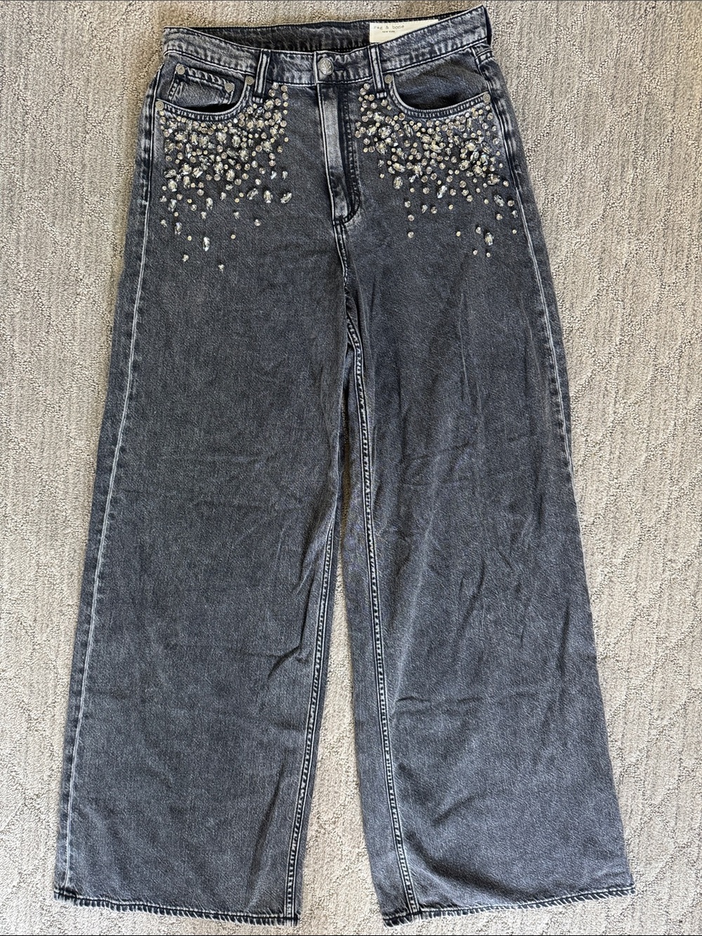 rag & bone Sophie Black Wide-Leg Jeans with Crystal Pocket Embellishment